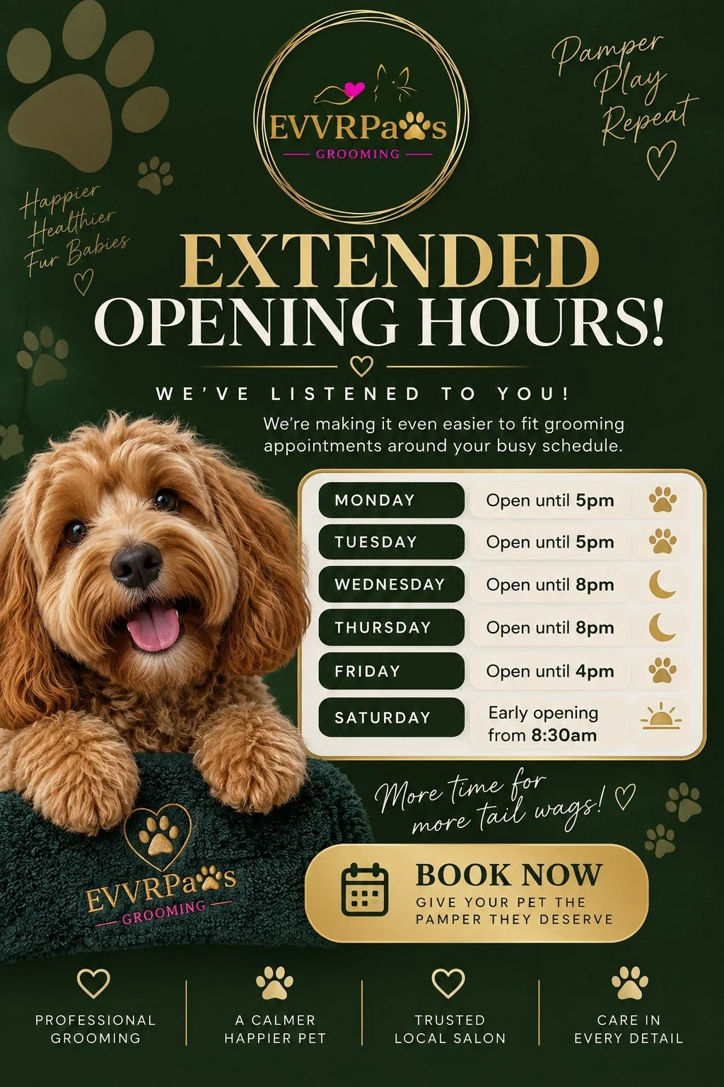 🐾 NEXT WEEK'S AVAILABILITY 🐾

Looking to get your pup booked in for a freshen-up? 

We still have some availability at EVVRPaws Grooming next week! 🐾

📅 Wednesday 14th October 
📅 Thursday 15th October 
📅 Friday 16th October

Whether your pup ne