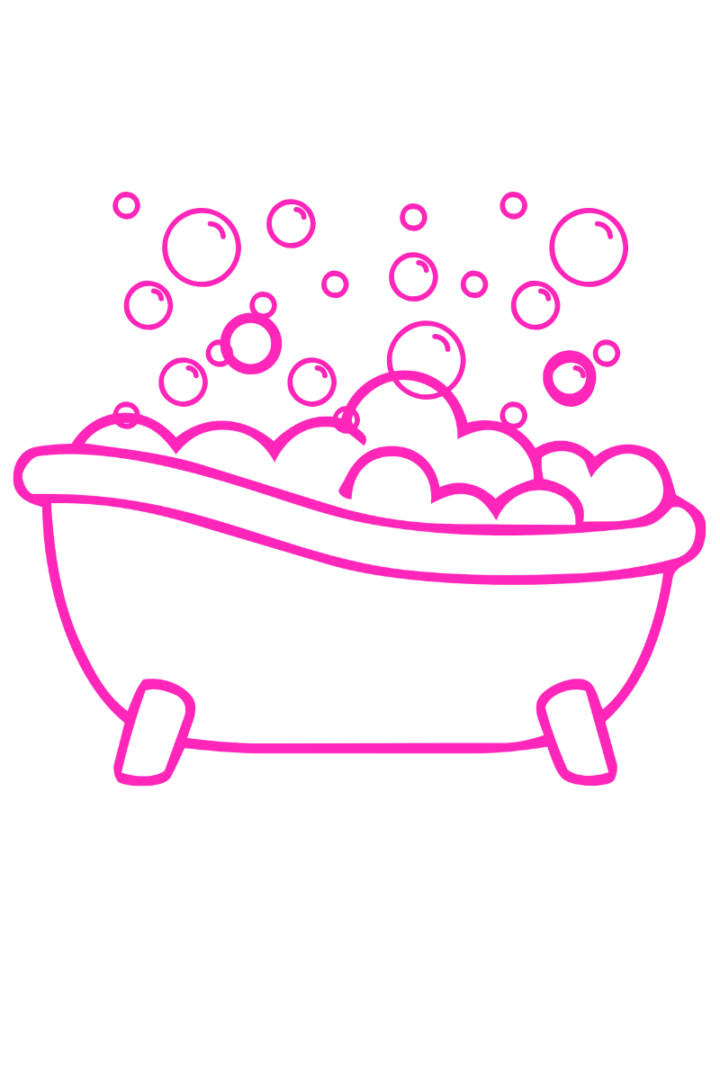 Neon pink outline of a bathtub filled with bubbles, with bubbles floating above it, on a black background.