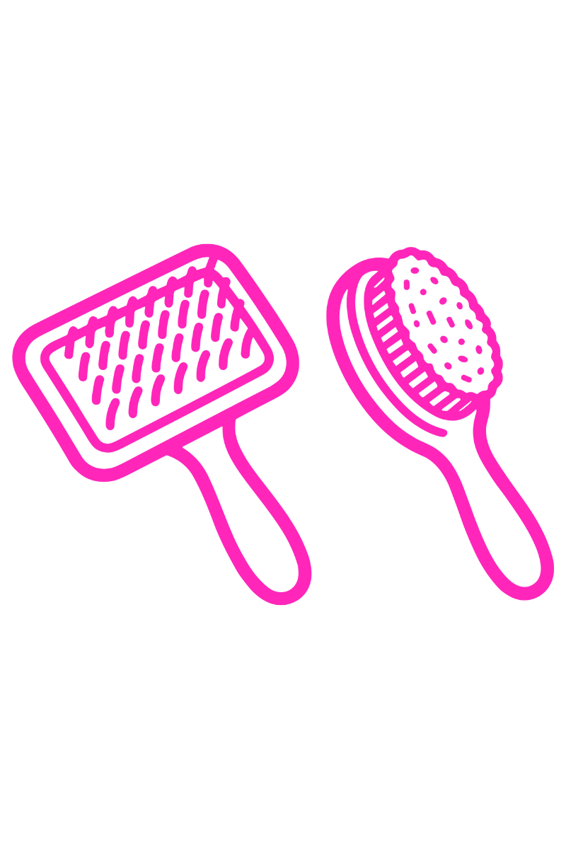 Neon pink outline drawings of a grooming paddle brush and dog grooming brush.