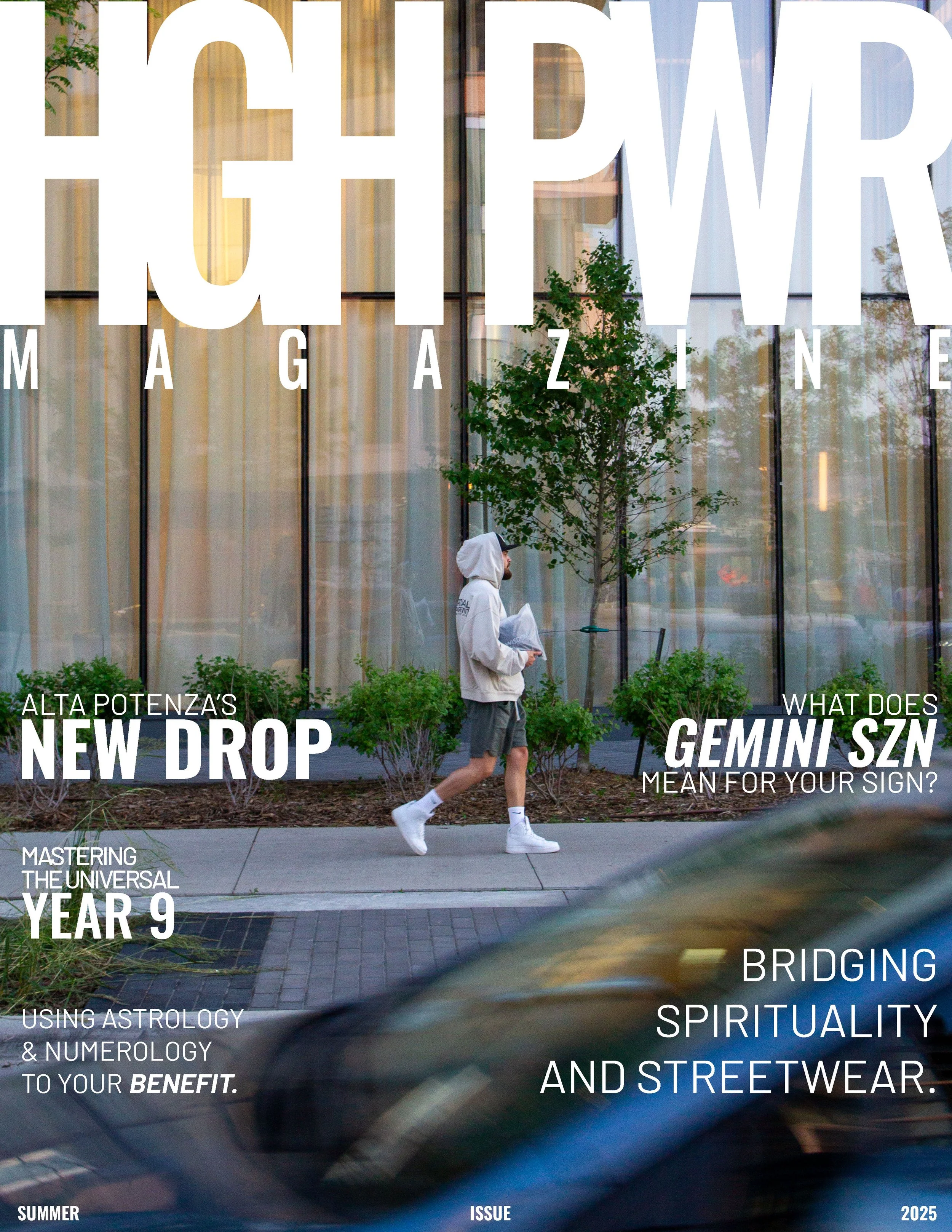 Cover of a magazine with a background image of a person walking on the street in front of a glass building with curtains behind the glass, a small tree, and some bushes. The magazine contains headlines about new drops, Gemini size, universal year 9, 