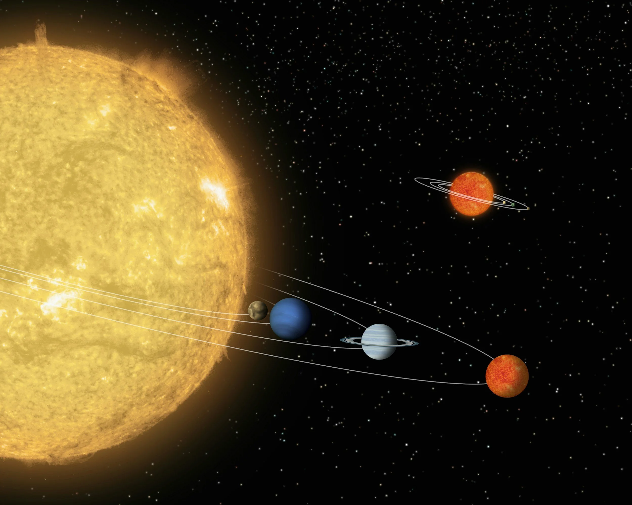 A digital illustration of the solar system showing the Sun on the left and planets with rings orbiting it in a line, set against black space with stars.
