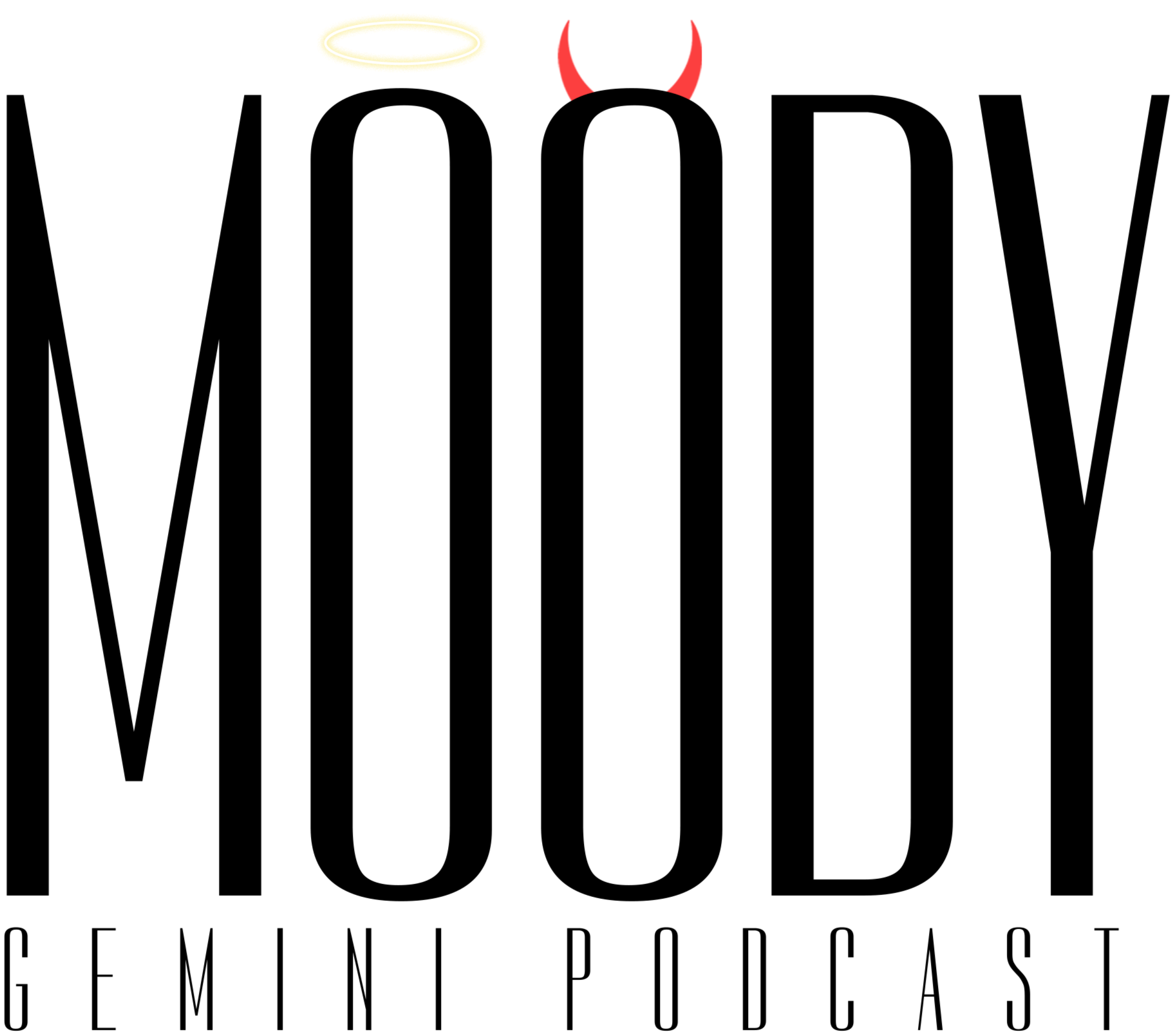 Logo of Moody Gemini Podcast, a podcast, with the word 'moody gemini podcast' in black text, a red background, and a devil's tail and horns motif.