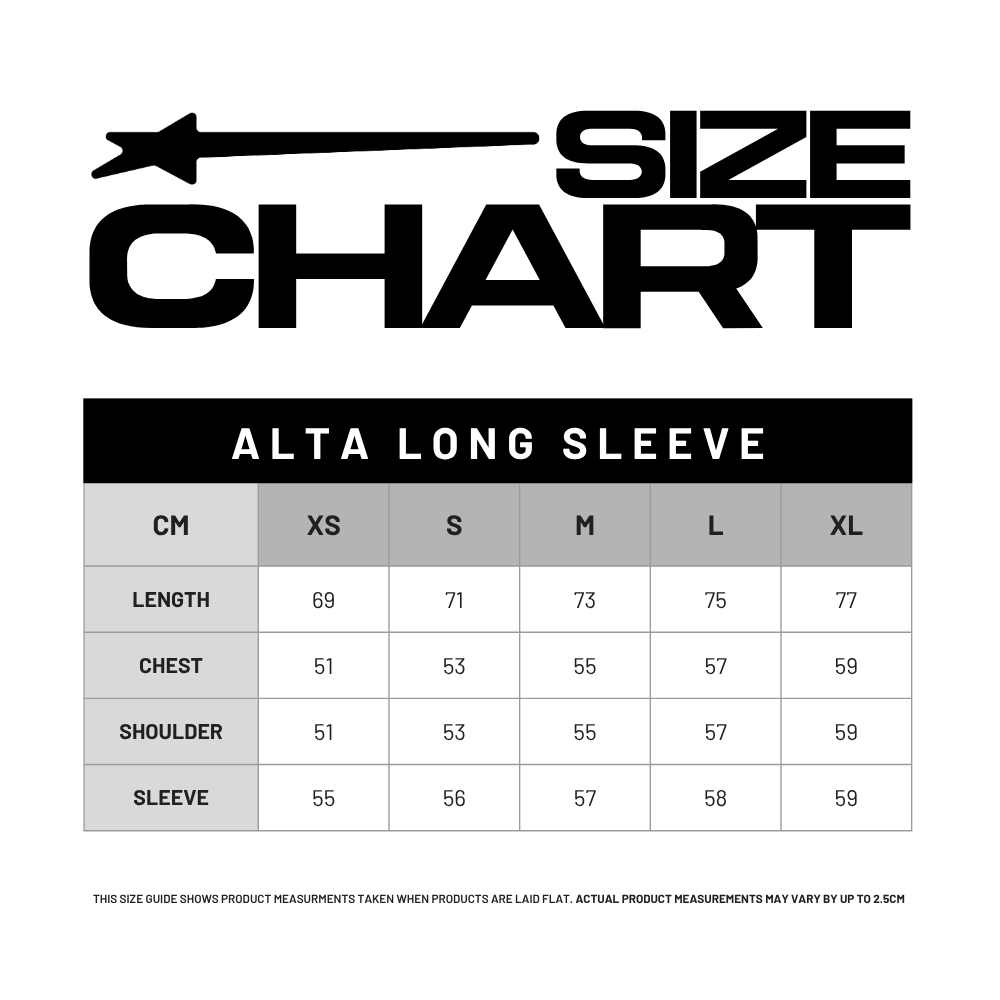 Size chart for Alta Long Sleeve shirt, showing measurements in centimeters for sizes XS through XL, including length, chest, shoulder, and sleeve.