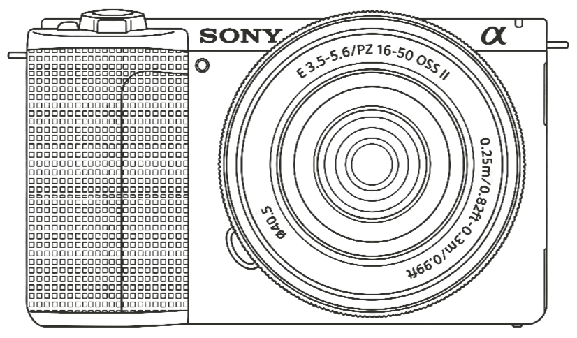 Outline drawing of a Sony digital camera with a large lens