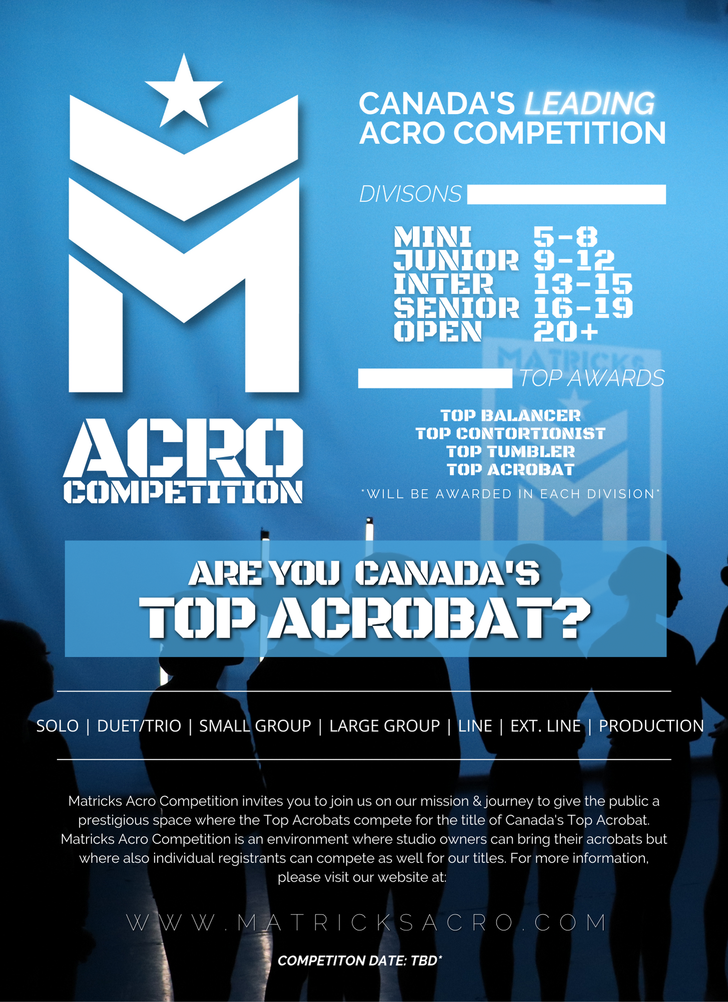 A promotional poster for Canada's Matrick Acro Competition featuring a blue background, white text, and silhouettes of people preparing for an acro performance. The poster announces the event and invites various groups to participate, with details ab