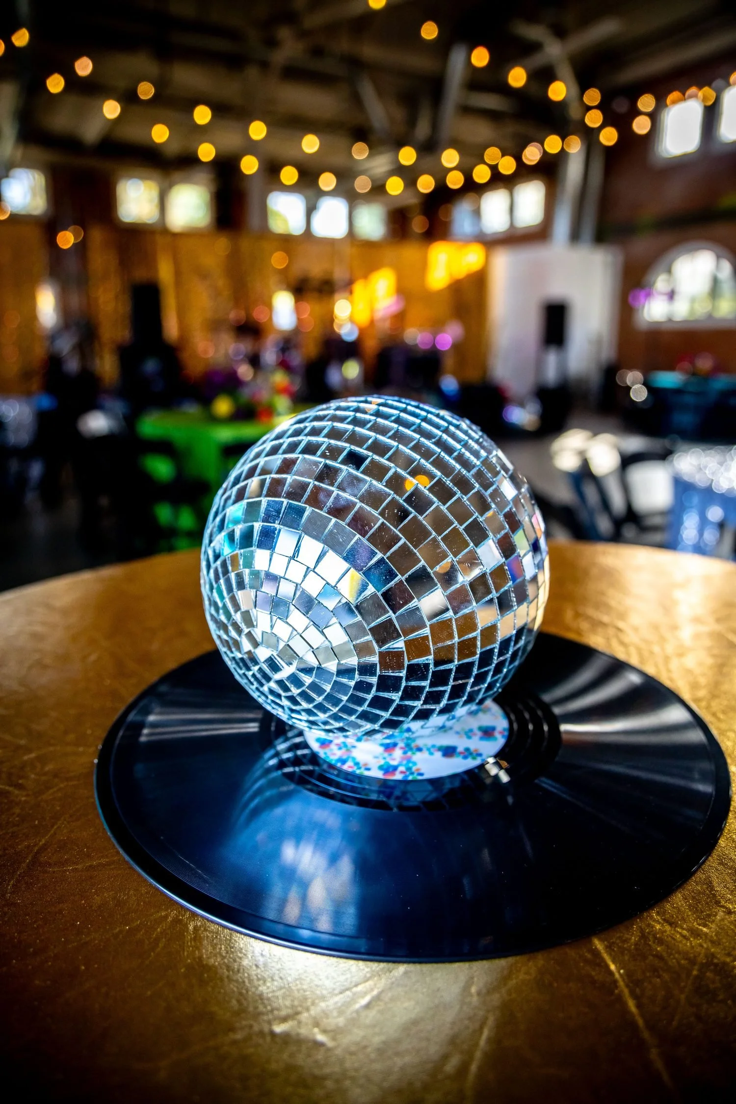 Disco ball and record vinyl center piece for a San Diego corporate event