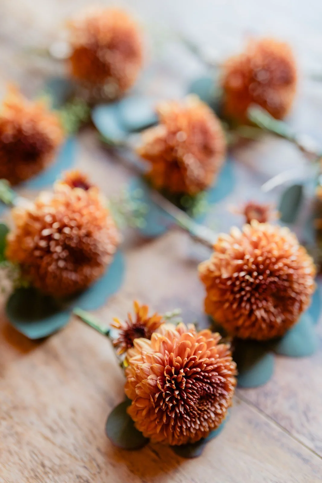 Flatlay of orange mum boutonnieres