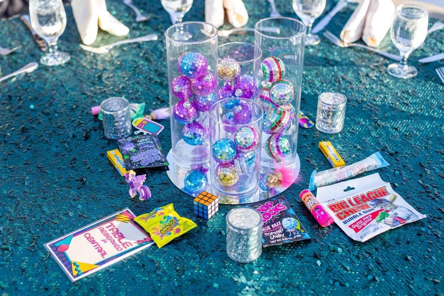 Disco ball centerpiece for a corporate event in San Diego