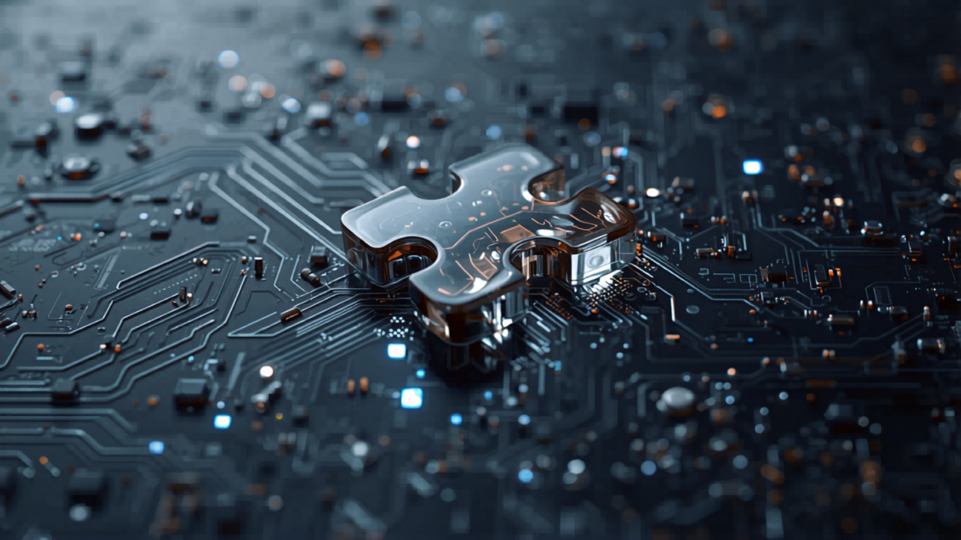 Close-up of a digital circuit board with a metallic puzzle piece placed on it