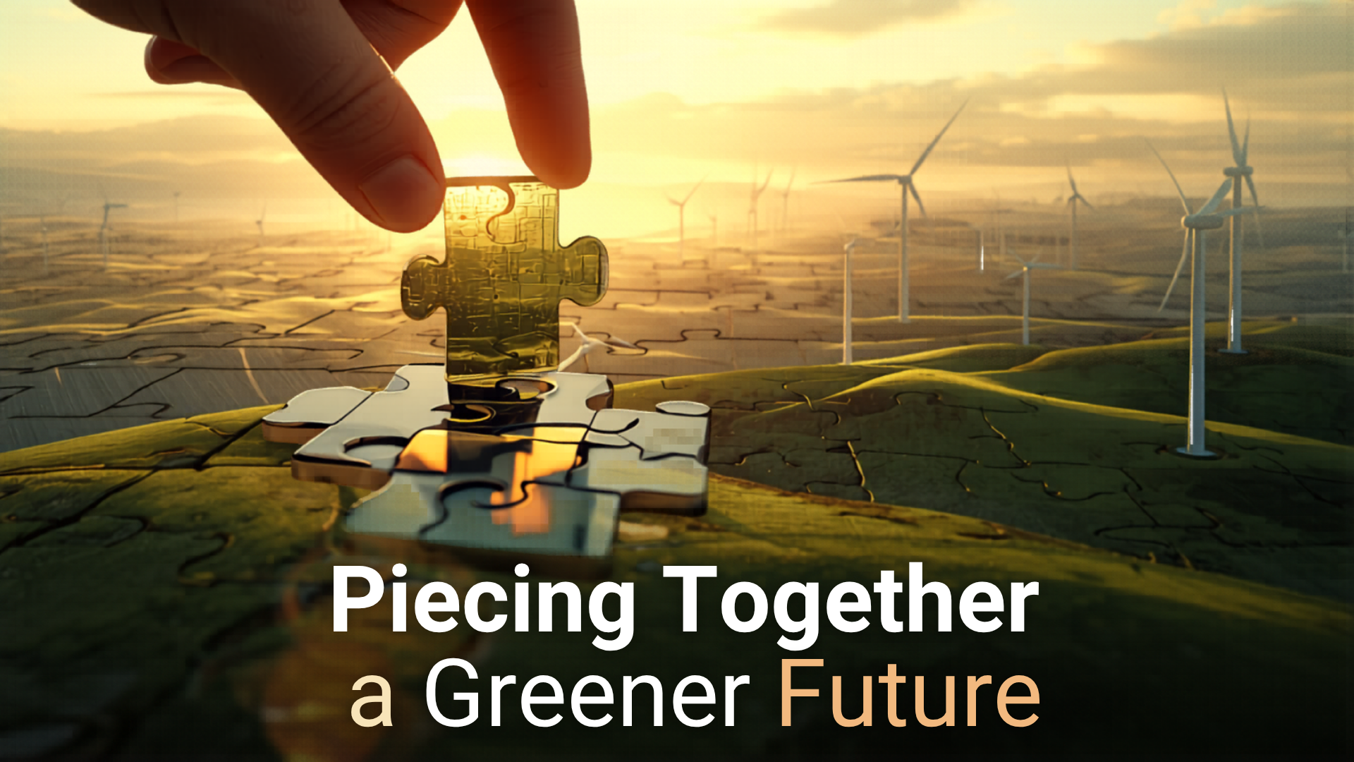A hand placing a puzzle piece into a large puzzle of a wind farm landscape at sunset, with wind turbines and rolling green hills. The overlay text reads "Piecing Together a Greener Future."
