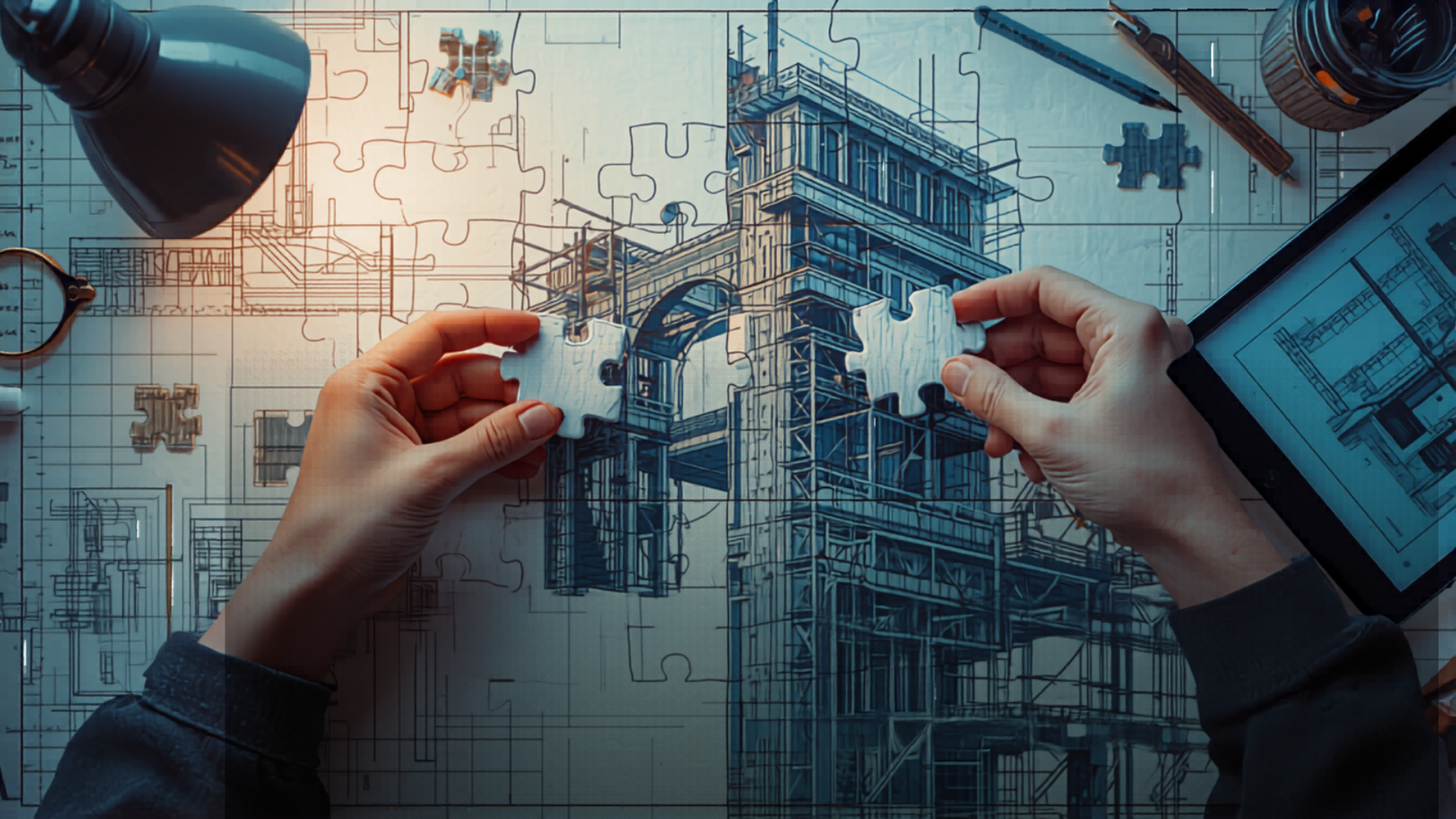 Hands assembling puzzle pieces over architectural blueprint, with drafting tools and a tablet displaying building designs.