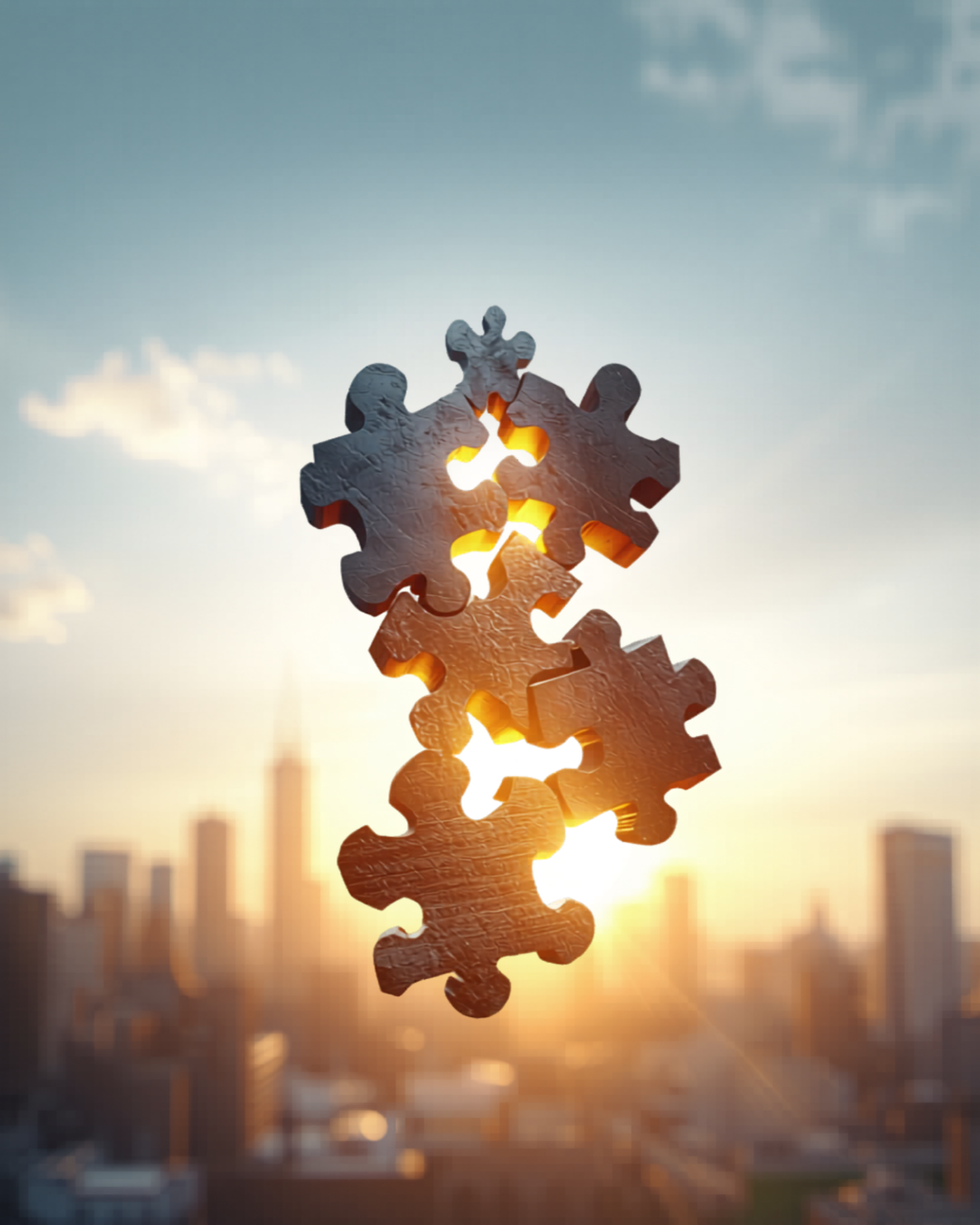 a close-up of a jigsaw puzzle piece held up against a sunset sky, with the sun shining through the hole in the puzzle piece.