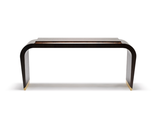Modern wooden desk with curved legs and a flat top.