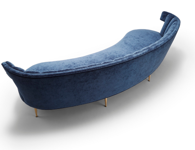 Blue velvet chaise lounge with gold legs