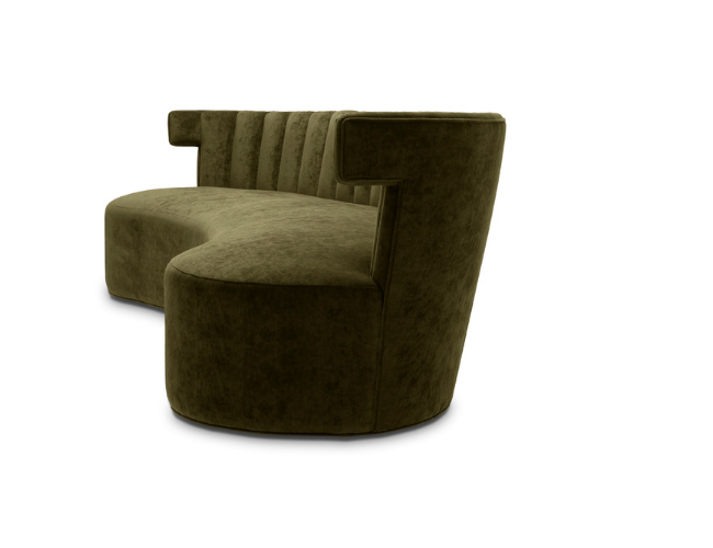 Olive green velvet curved sectional sofa with high backrest.