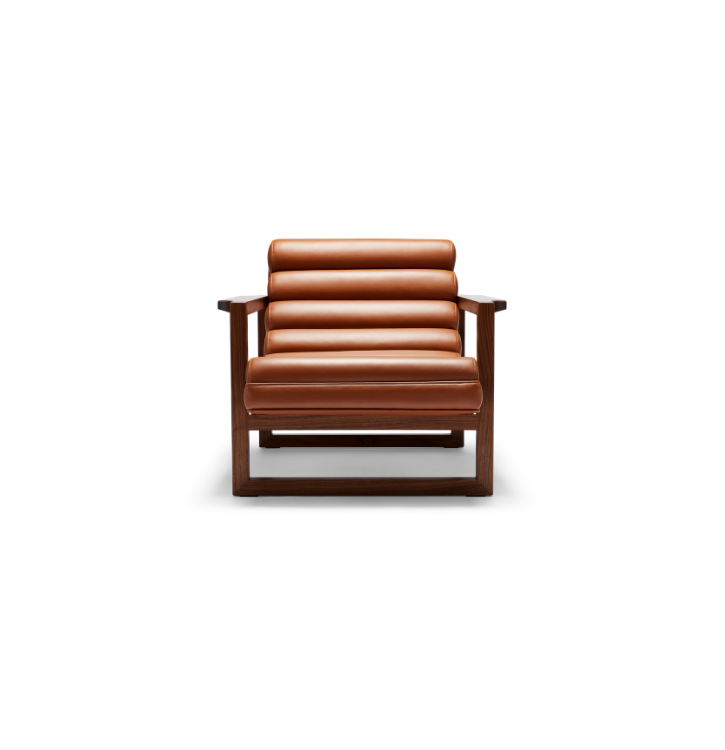 A brown leather armchair with wooden frame and armrests, isolated on a white background.