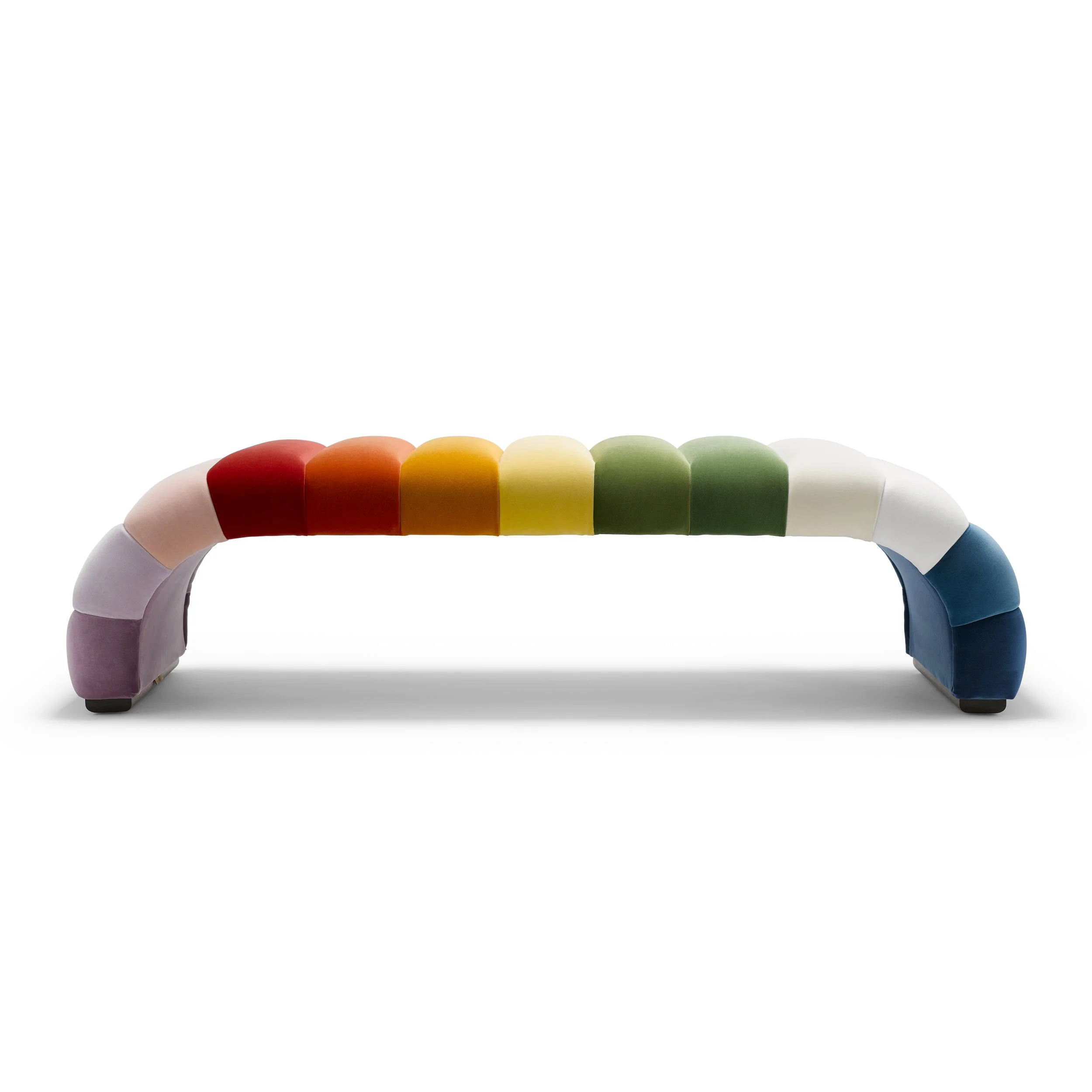 A rainbow-colored arch made of rainbow-colored wooden blocks, viewed from the front on a white background.