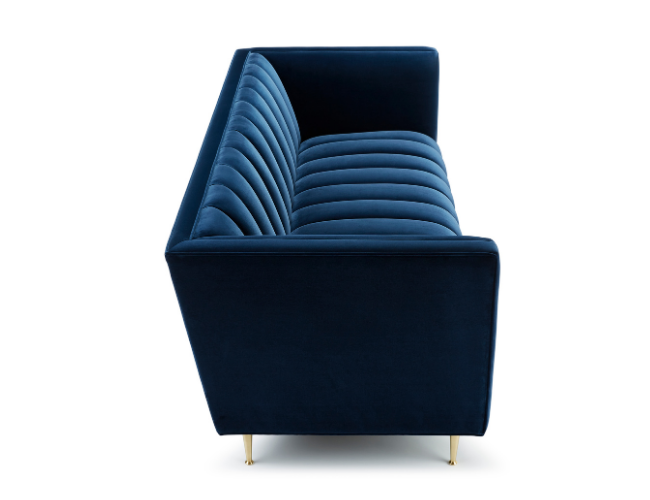 A navy blue modern sofa with ribbed cushions and gold legs, viewed front-facing.
