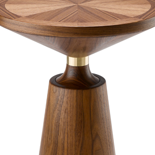 Close-up of a wooden table leg with metal accent, displaying the wood grain and craftsmanship.