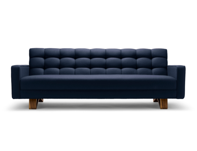 Navy blue mid-century modern sofa with tufted backrest and wooden legs