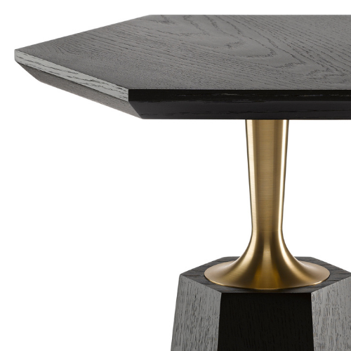 Close-up of a modern side table with a black wooden top, gold metal support, and a dark wooden base.