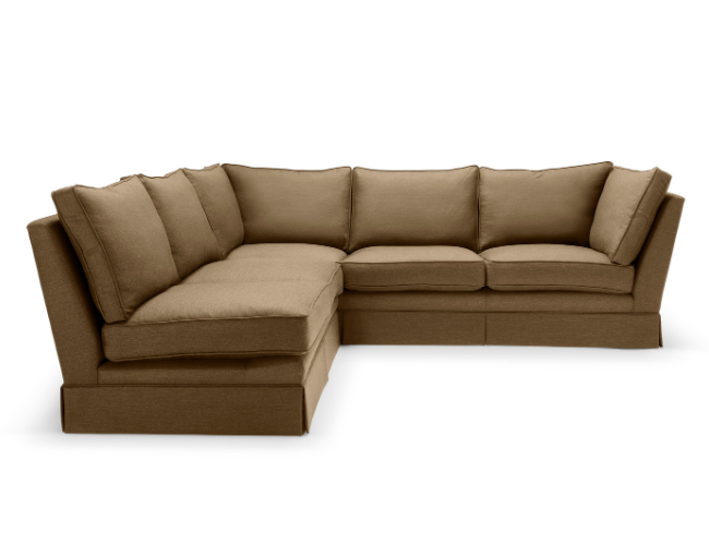 A tan fabric sectional sofa with five seat cushions and six back cushions, arranged in an L-shape.