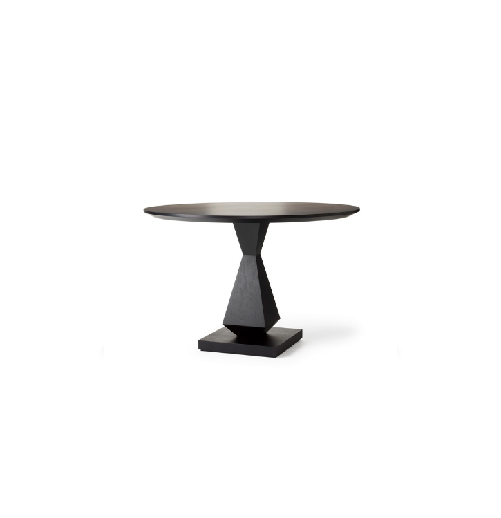 Black modern round table with unique pyramid-shaped pedestal on a white background