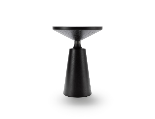 A black, modern side table with a conical base and a flat, circular top.