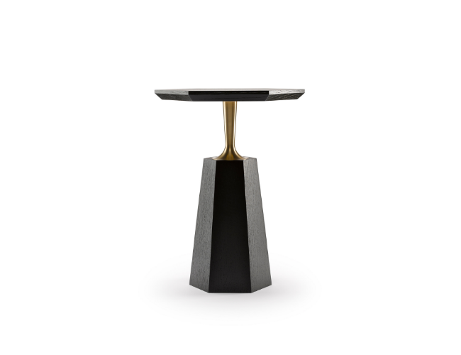 Modern side table with a black and gold color scheme and geometrical design.