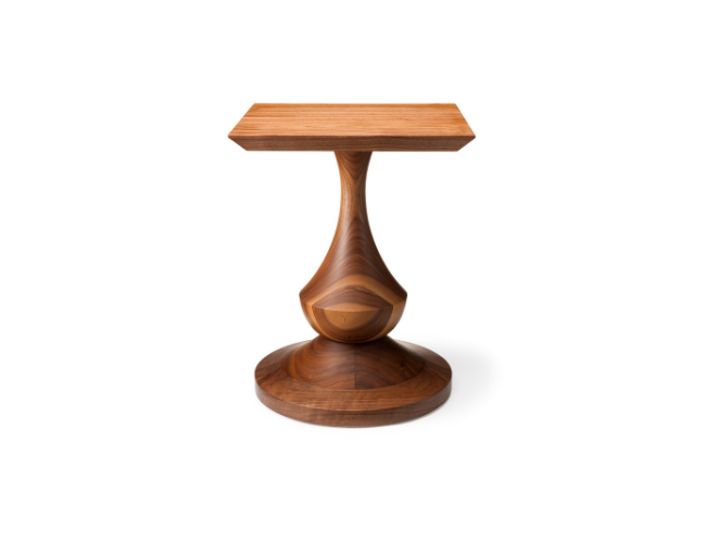 A wooden side table with a round base and a slim, curved center supporting a square top.