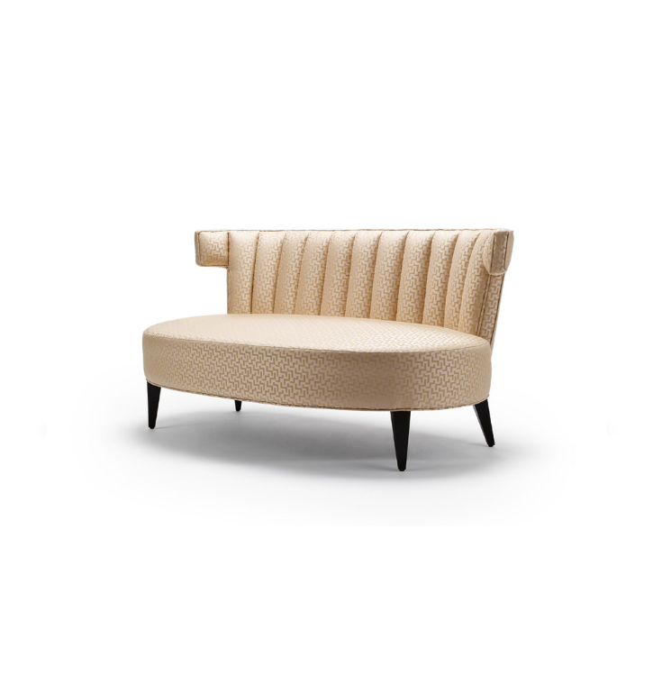 A beige vintage-style loveseat with a curved back, vertical tufted upholstery, and black wooden legs on a white background.
