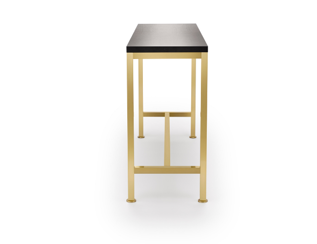 A tall, narrow table with a metal top and gold-colored metal frame, viewed from the front.