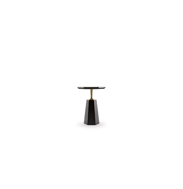 A modern round black side table with a gold support, placed on a black base, on a white background.