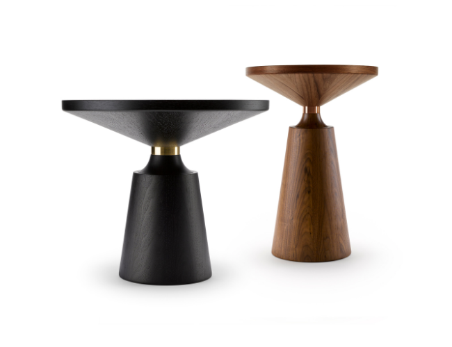 Two modern wooden side tables with round tops and conical bases, one in black and the other in natural wood finish.