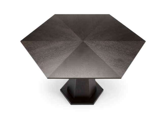 A black, hexagonal table with a matching base