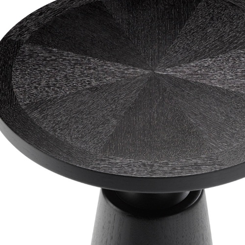 Close-up of a black wooden round side table with a textured surface and a cylindrical pedestal base.