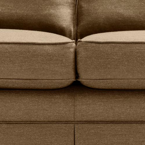 Close-up of a brown fabric sofa with a wrinkle at the center of the cushions.