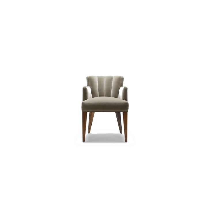 A single beige upholstered armchair with wooden legs, set against a plain white background.