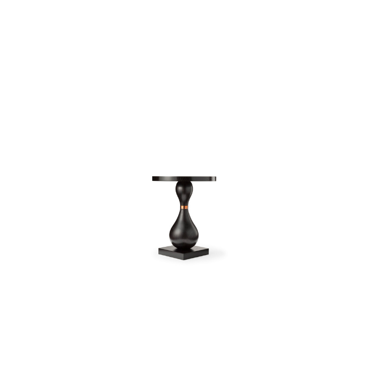 A modern black side table with a sculpted, curvy base and a round top, sitting on a small square pedestal.