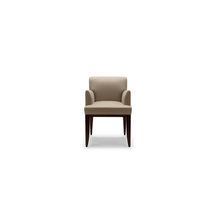 A beige armchair with wooden legs on a plain white background.
