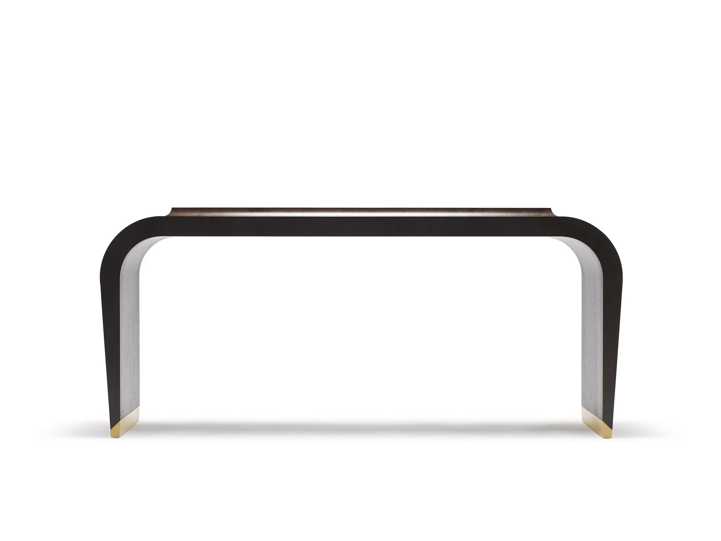 Modern chair with a black wooden frame, white legs, and gold accents on foot caps