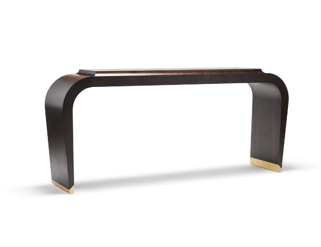 A modern dark wood console table with curved legs and gold accents on the feet.