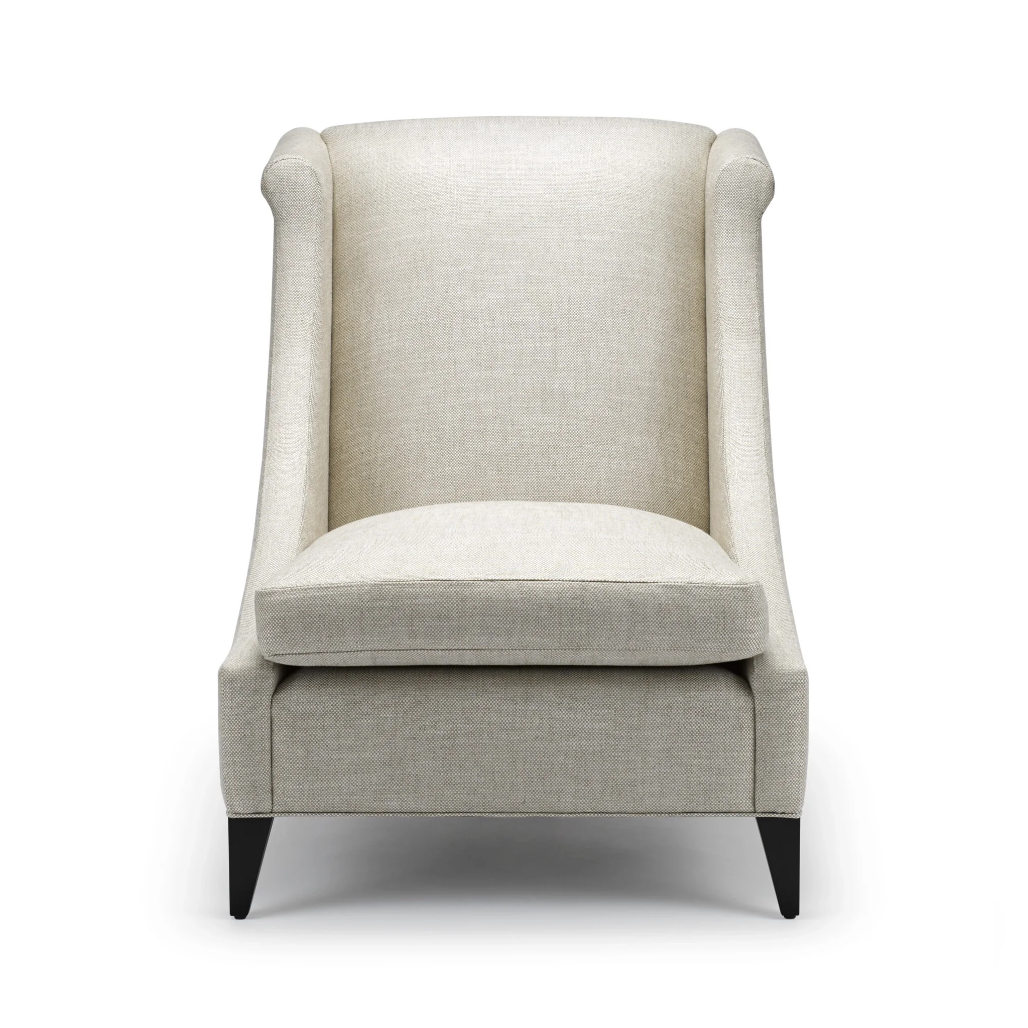 A beige upholstered armchair with dark wooden legs, viewed from the front on a white background.
