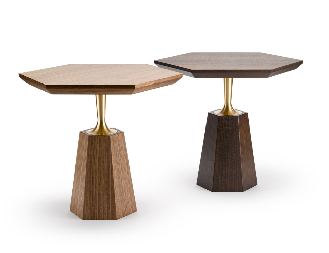 Two small tables with wooden hexagonal tops, gold-colored stems, and dark wooden bases.
