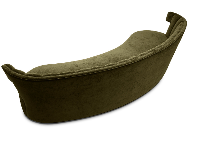 A green upholstered chaise lounge with a curved backrest and armrest, vintage style