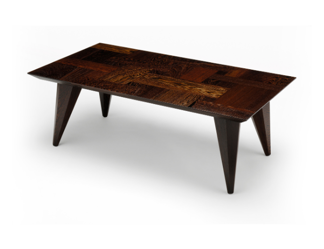 Wooden coffee table with a dark finish and tapered legs.