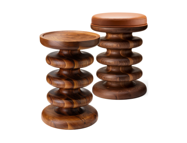 Two wooden stools with carved, rounded bases and flat surfaces, one with a cushioned top.