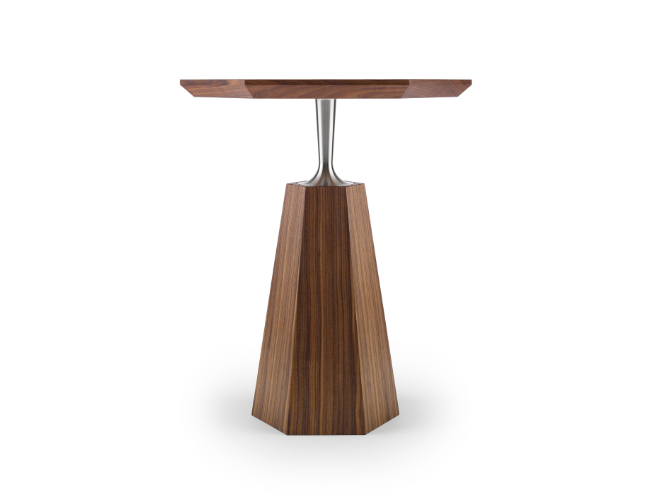 Mid-century modern wooden side table with a tapered base and a metal connection.
