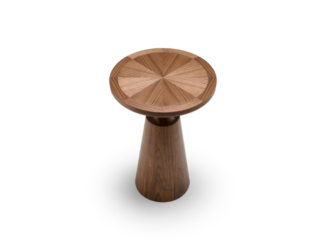 Wooden round side table with a geometric pattern on the top surface.
