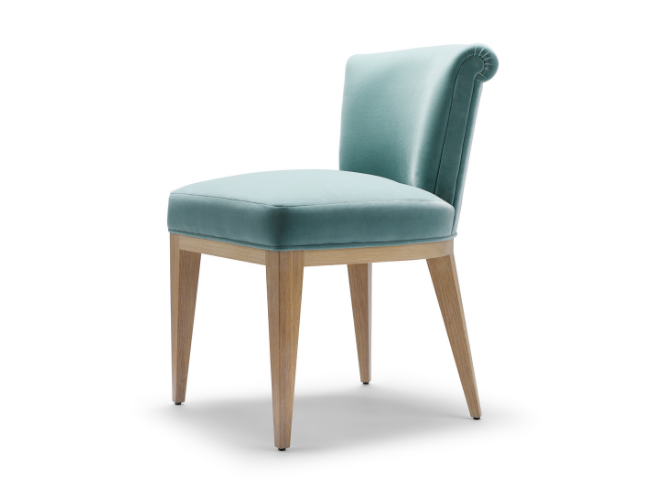 A modern upholstered chair with a light blue velvet seat and backrest, supported by four wooden legs.